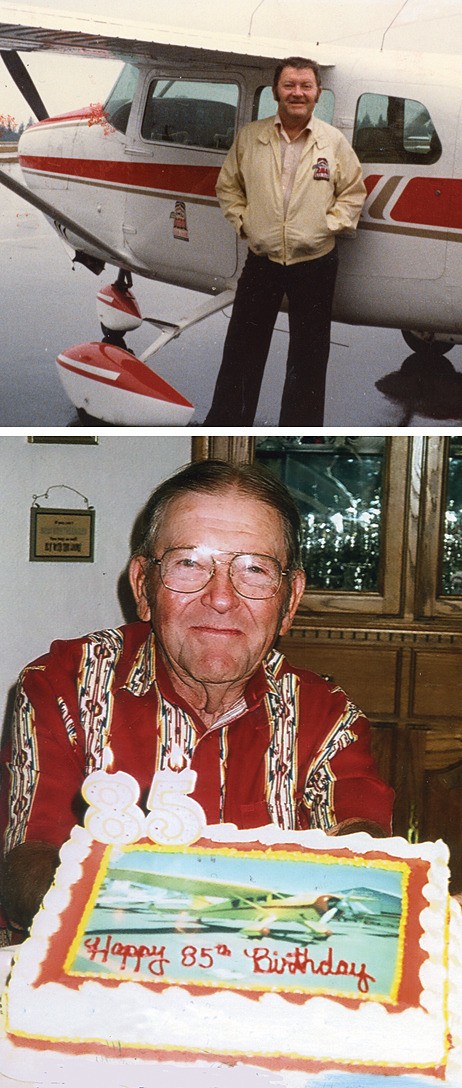 Top photo: Bob Nichols poses with his Cessna 172. Bottom photo: Bob Nichols celebrates his 85th birthday. The island aviator is the subject of an aviator exhibit at the Friday Harbor Aviation Museum
