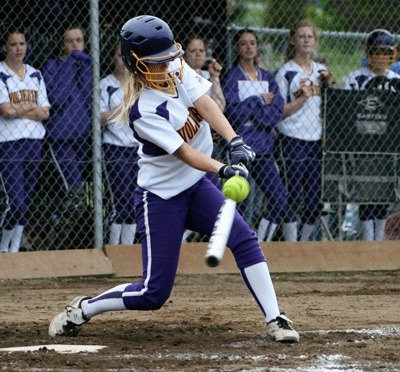 Friday Harbor leadoff hitter Elle Guard takes a cut at the plate in the Wolverines regular-season home finale