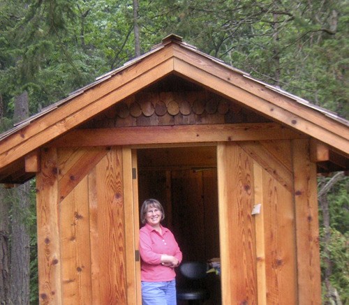 Carolyn Estby Dagg at the woodshed where she wrote her first novel “The Year We Were Famous.”