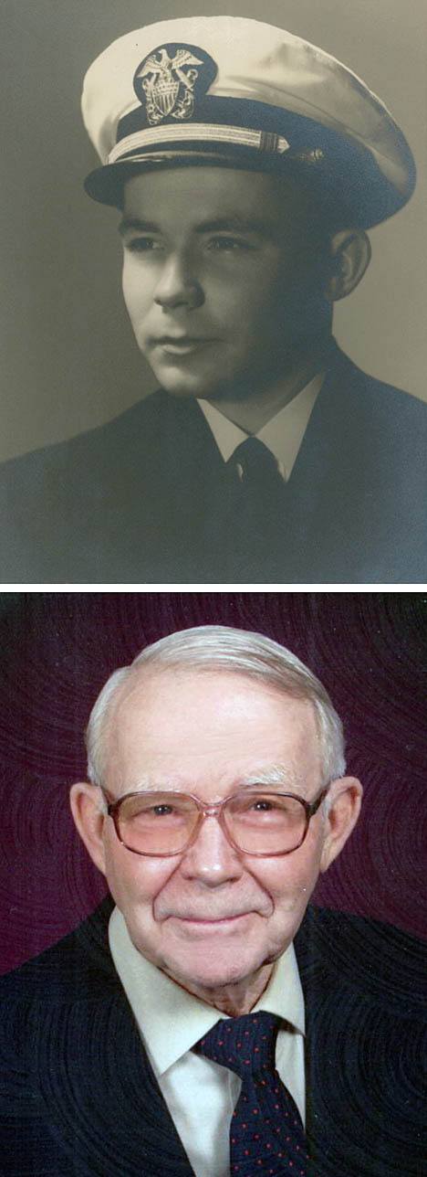 Top photo: Charles Hamlin Nash as a Navy officer during World War II. Bottom photo: The retired port commissioner in 2004.