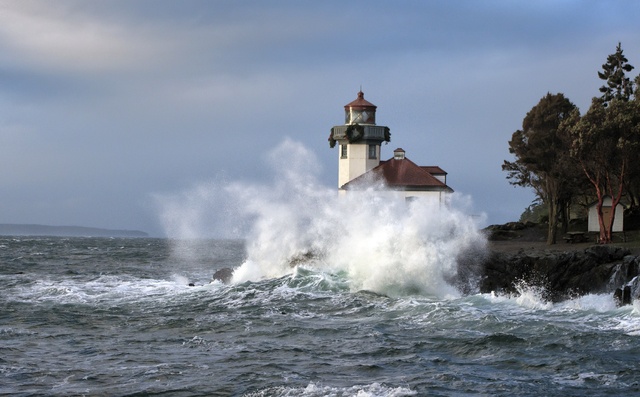 Contributed photo/Katie JonesLime Kiln Lighthouse gets buffeted by waves on the west side of San Juan Island.
