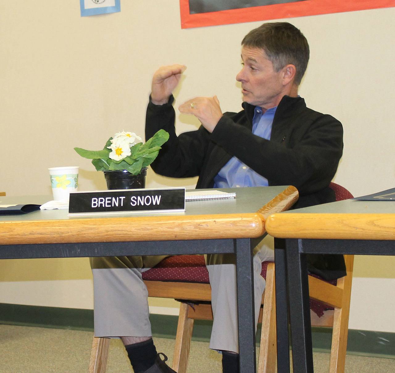 Staff photo/Hayley Day                                Brent Snow, San Juan Island School District board member, discusses whether the sixth grade should move at the Jan. 25 meeting.