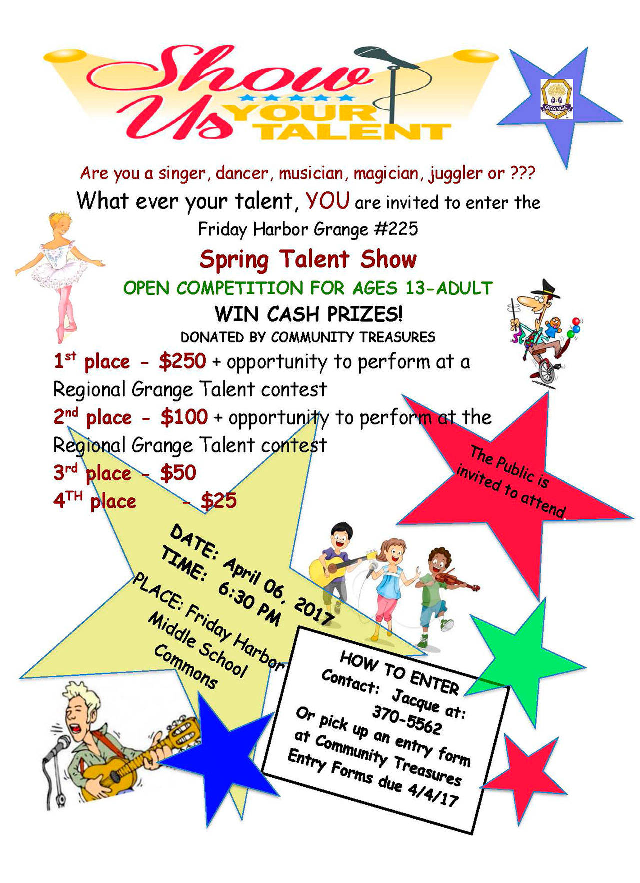 Enter Grange No. 225 talent show by April 4
