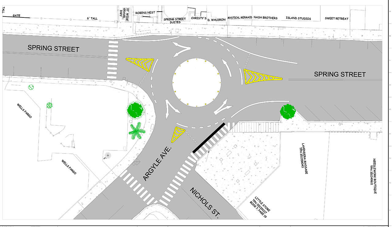 Contributed image/Town of Friday Harbor                                The latest revisions to the town’s painted roundabout were presented at the April 6 Friday Harbor Town Council meeting. The thick black lines in the plan indicate where a sidewalk or a concrete barrier to separate cars from pedestrians will be added
