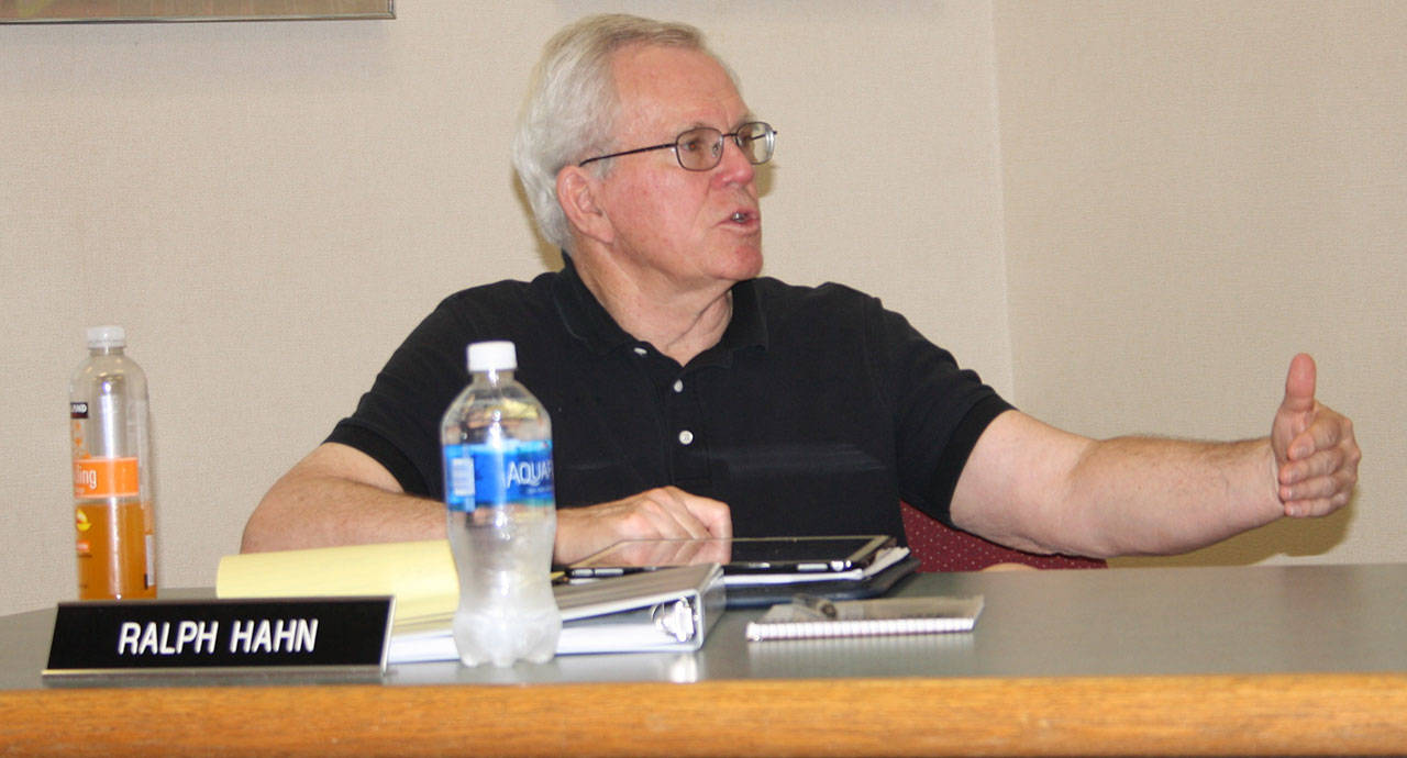 Staff photo/Hayley Day                                 San Juan Island School District Board Chairman Ralph Hahn discusses the budget at the July 25 meeting.
