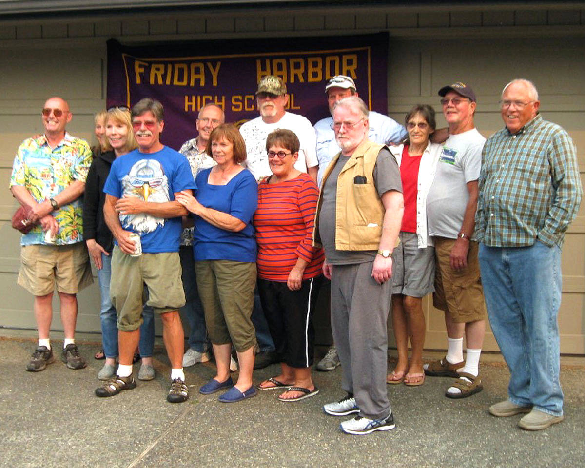 Contributed photo.                                The class reunion.                                Back: Mark Myser, Donna Burton, Joan Lumsden, Paul Thompson, Frank Rouleau, John Funk, Marilyn Cochran, Perry Sandwith, Nick Mason.                                Front: Steve Hudson, Susie Jarman, Joey (Ethelee) Mason, Bob Lumsden. (Jeff Louden had to leave early and missed the picture)