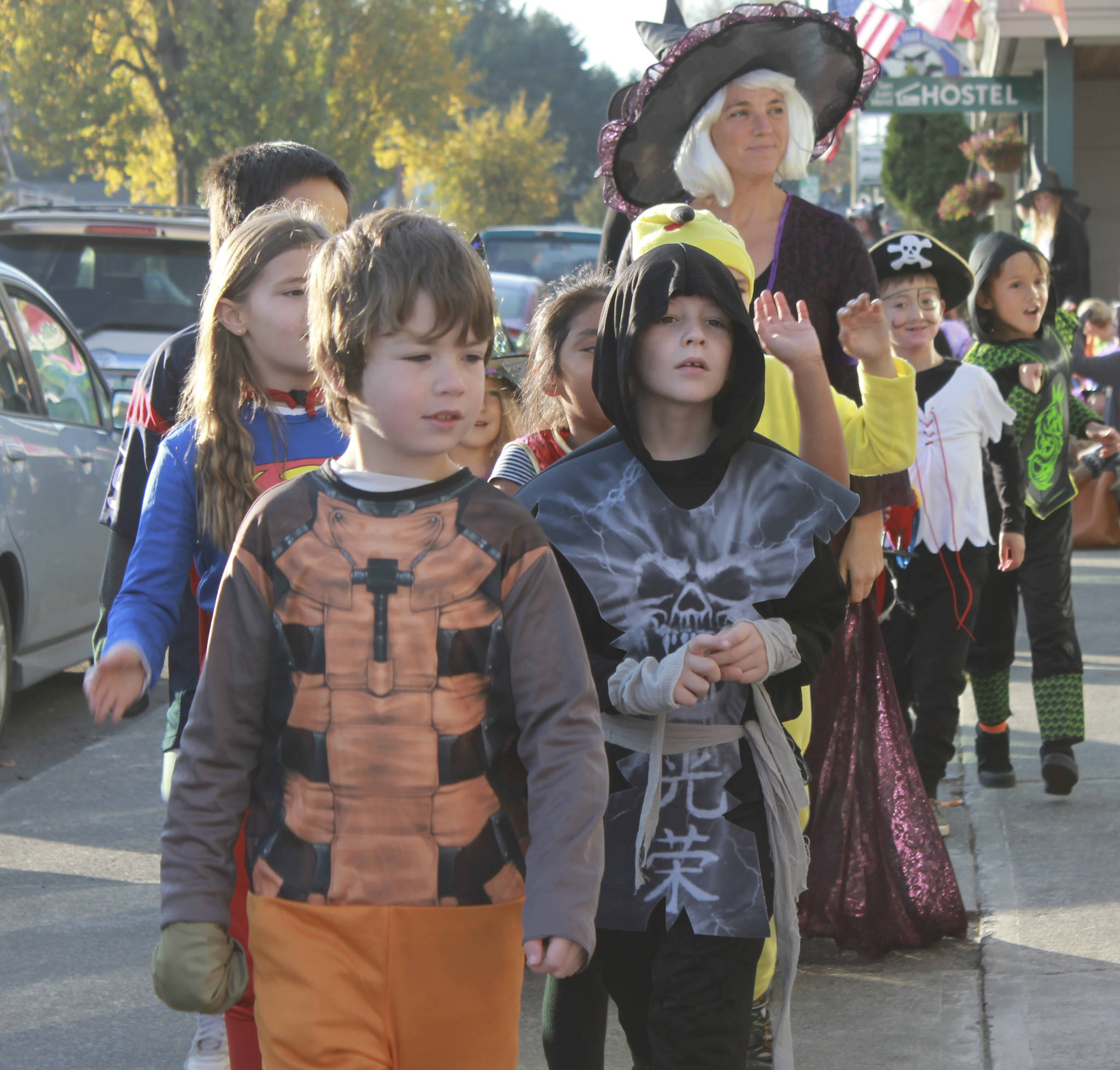 Staff photo/Heather Spaulding                                Friday Harbor Elementary School students parade their costumes down Argyle Avenue on Halloween.