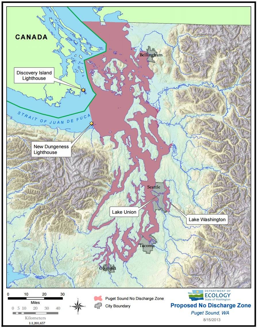 Contributed image/ecology.wa.gov                                According to the Washington State Department of Ecology, “the No Discharge Zone includes all Washington marine waters east of New Dungeness Light, at the east end of the Strait of Juan de Fuca, plus Lake Washington, Lake Union, and the waters that connect them to Puget Sound.”