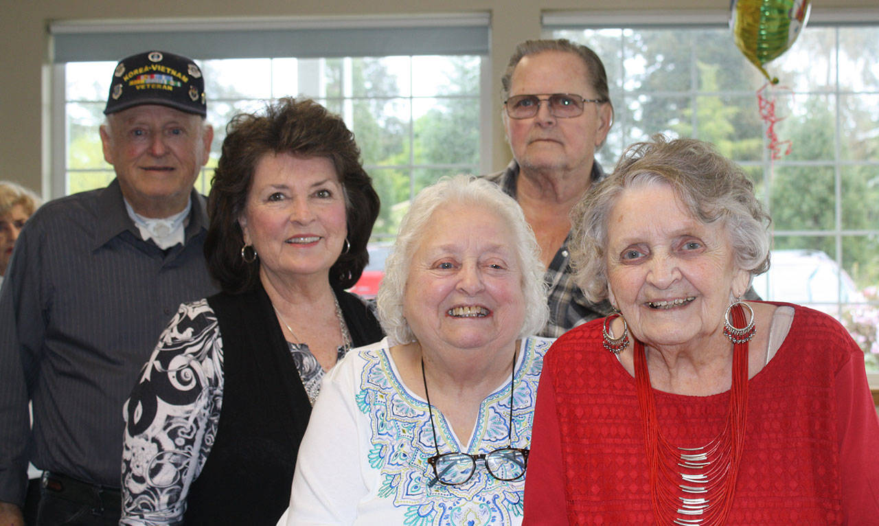 Staff photo/Hayley Day                                From left to right: Jim Huntley, Donna Huntley, Lois Brashear, Jay Hall and birthday girl Doris Gilbreath.