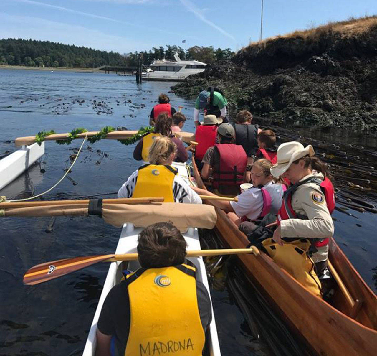 Contributed photo/Matt Wickey                                The Polynesian voyaging canoe named “Kaigani” and a Coast Salish-style cedar strip canoe named “Xwachxeng” on water for the first time, together, in summer 2017.