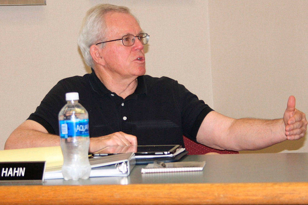 Staff photo/Hayley Day                                Former San Juan Island School District Board Chairman Ralph Hahn discusses the budget at a July 25 meeting.