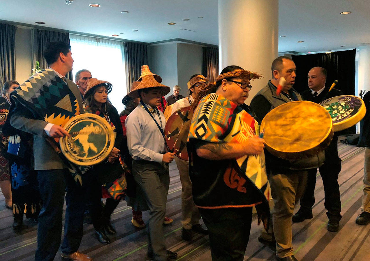 Contributed photo/National Energy Board                                U.S. tribes enter the conference room at the National Energy Board reconsideration in Canada on Nov. 27.