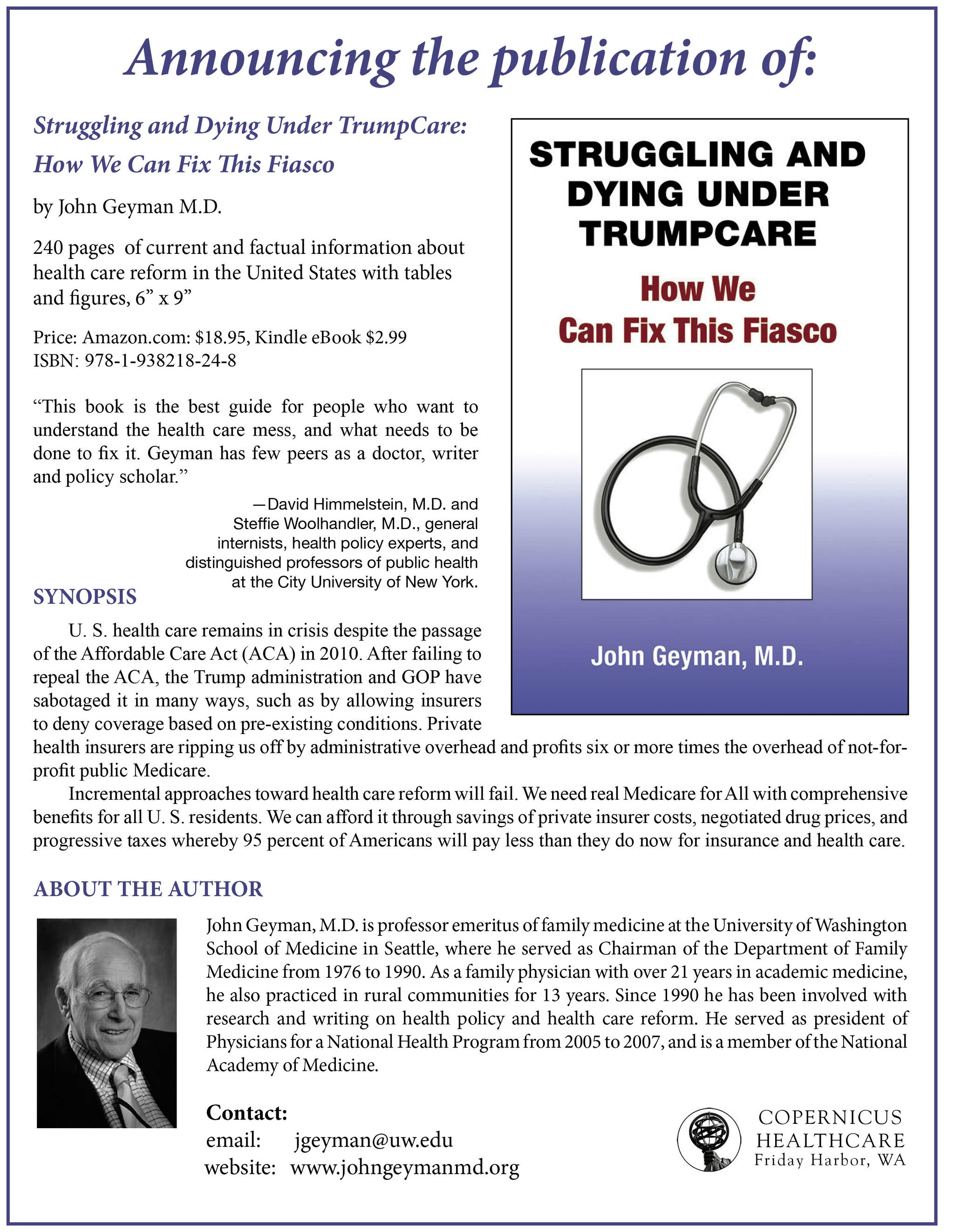 John Geyman, M.D. announces publication of: Struggling and Dying Under Trumpcare: How We Can Fix This Fiasco