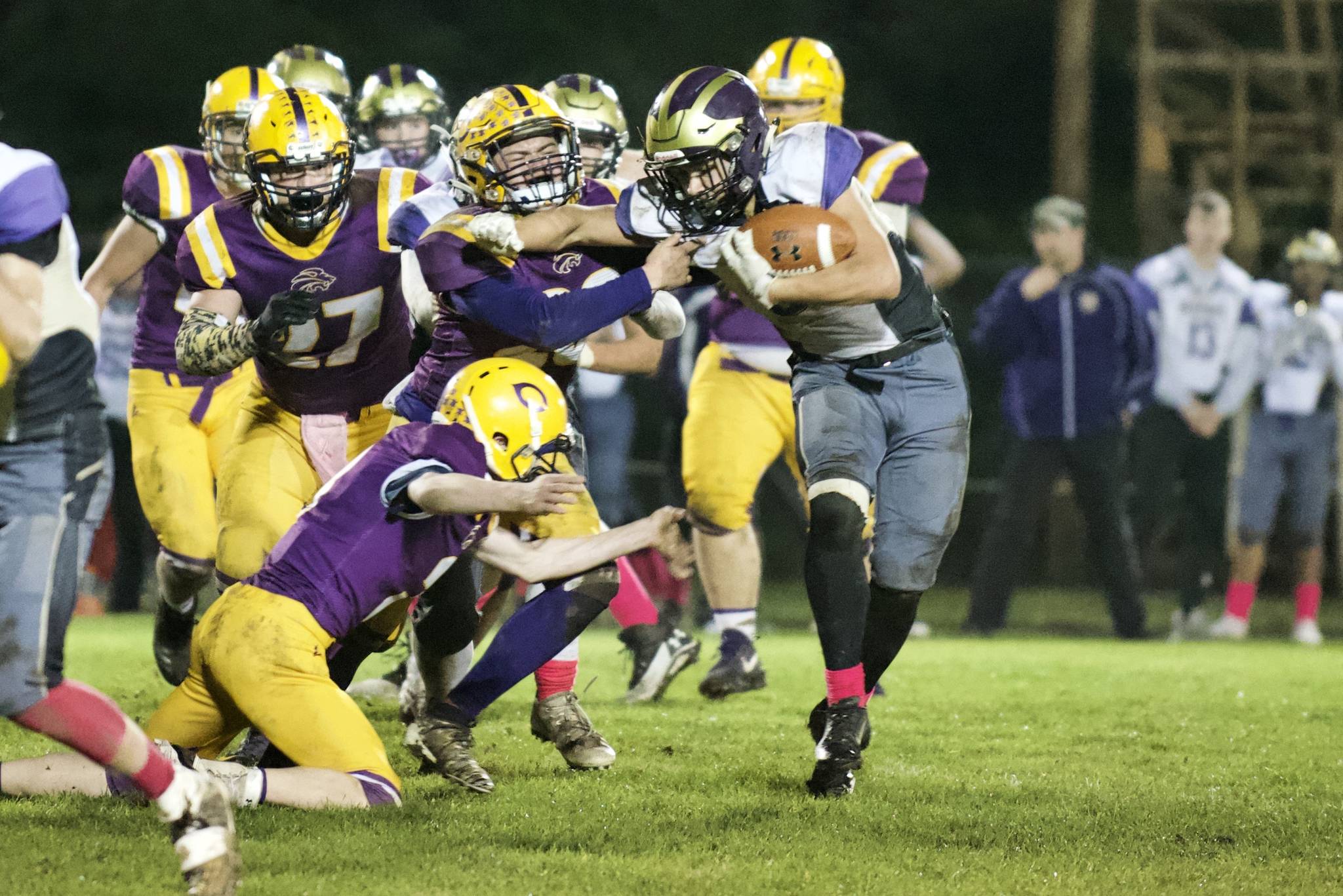 Kaden Ritchie, No. 32, fights his way through the Lions for a good yardage gain. (John Stimpson/Contributed photo)