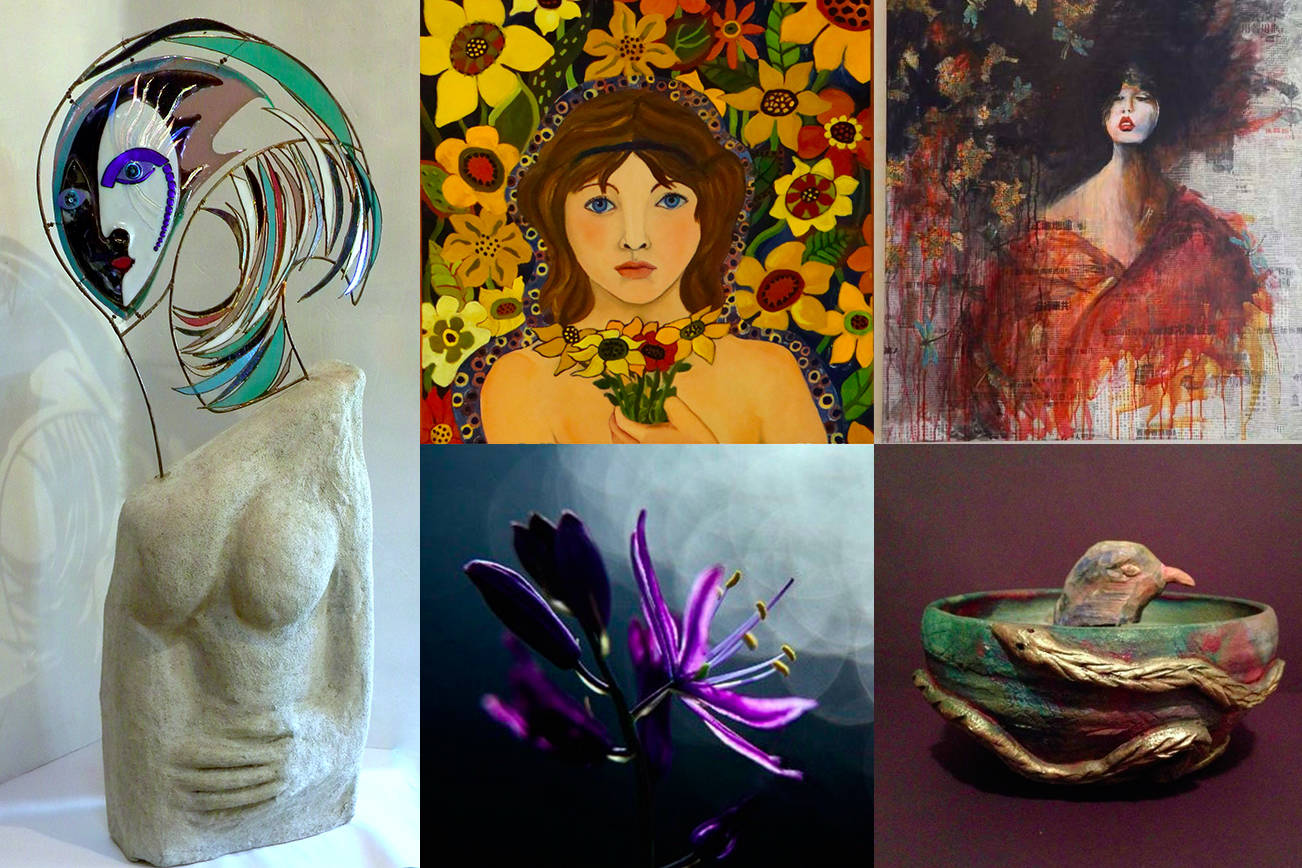 Left: Shes Like the Wind by Yvonne Buijs-Mancuso; top center: Star Flower by Becky Kilpatrick; top right: Intrigue by Jill Karr; bottom center: Dium Camas by Robert Dash; bottom right: Garden Totem by Osa Caudill. (Contributed photos)