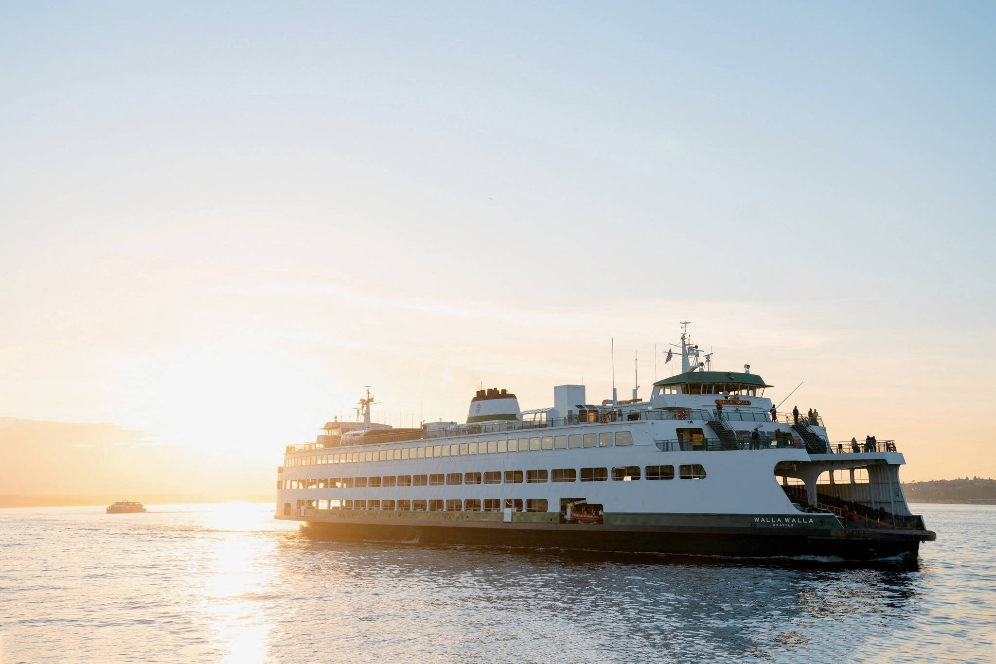 A Washington state ferry takes passengers from Bainbridge Island to Seattle during summer 2019. WSF is using a new alert system that exchanges real-time information about whales in the Salish Sea. (Photo courtesy of Sam Holman)