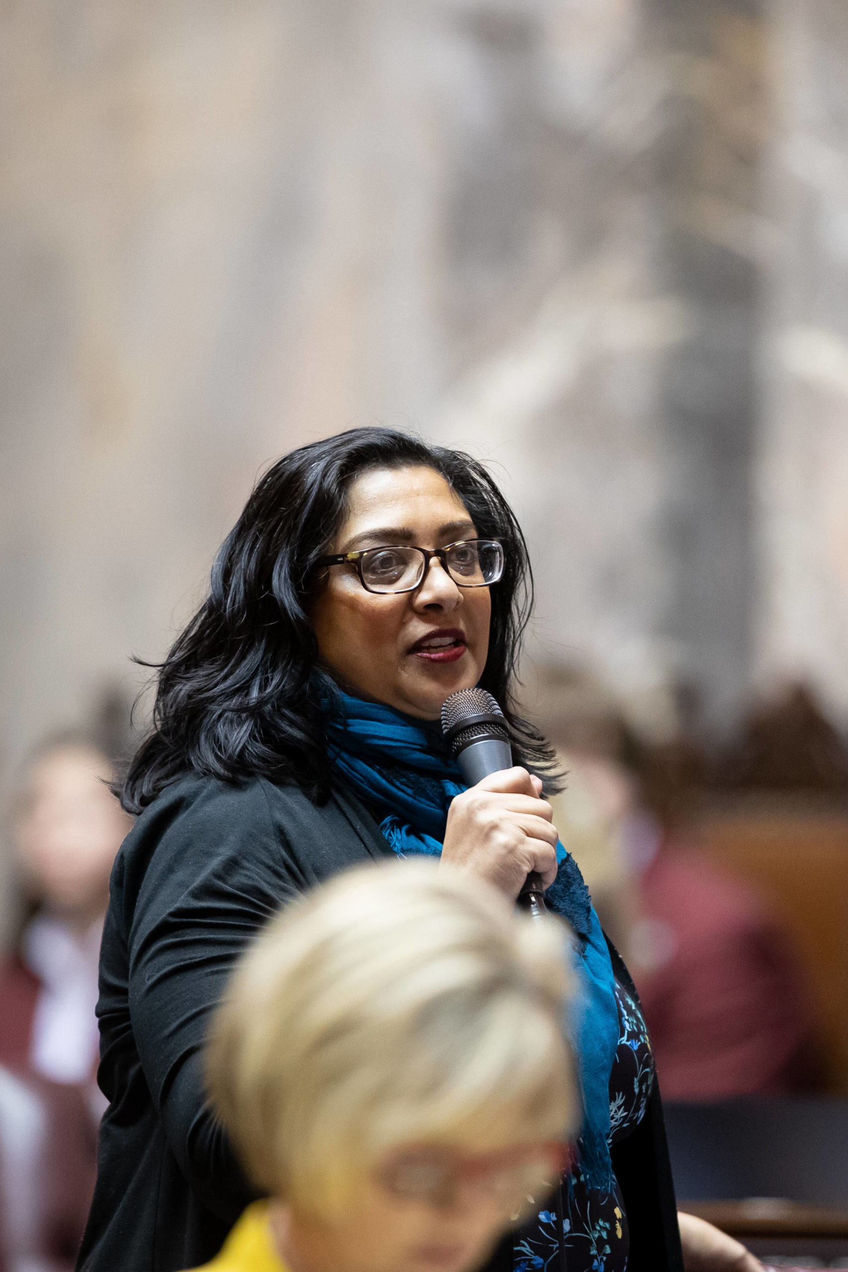 Sen. Mona Das, D-Kent, the primary sponsor of SB 5323, speaking on the bill. (Photo courtesy of Hannah Sabio-Howell, communications specialist for Sen. Mona Das, D-Kent.)