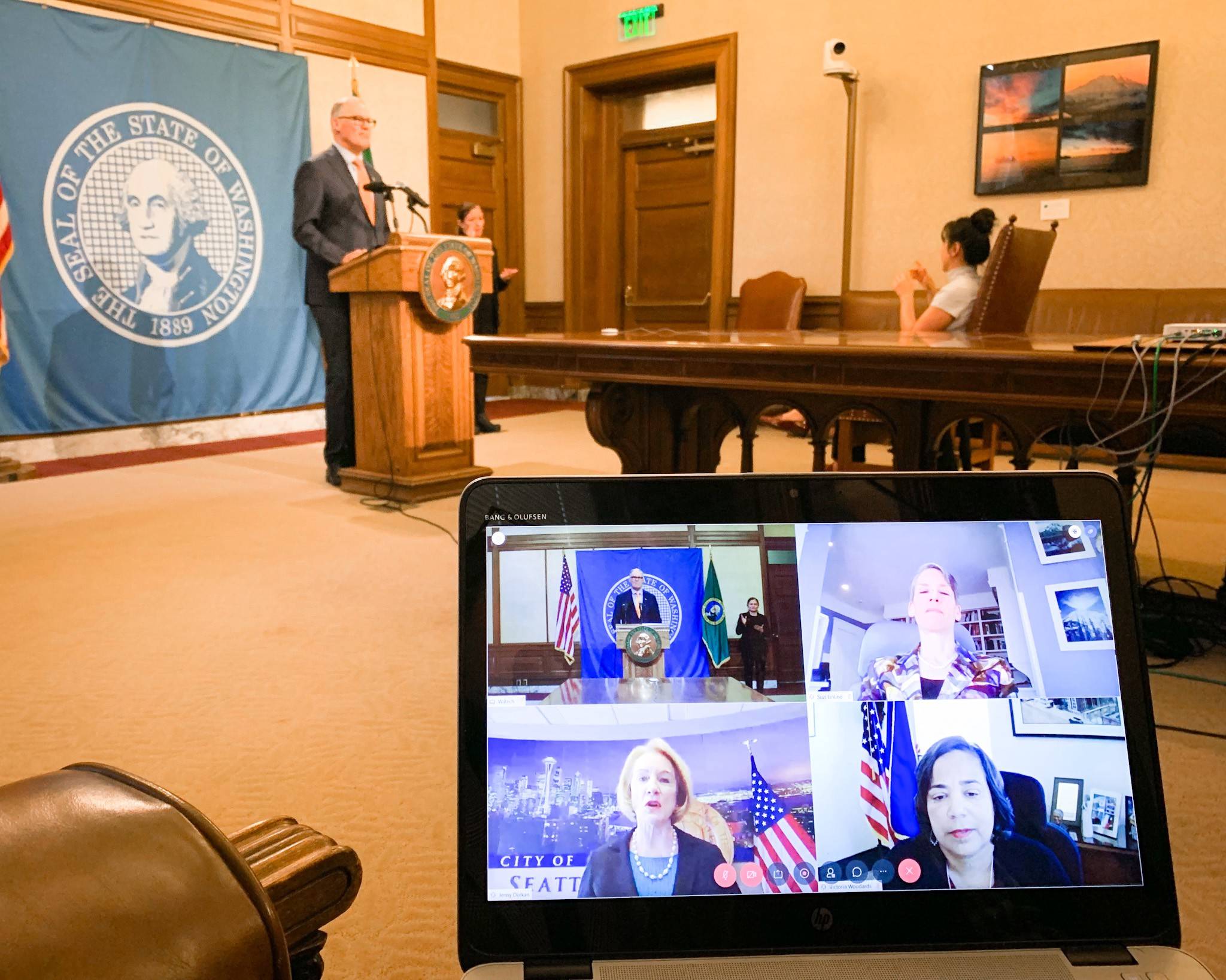 Washington Gov. Jay Inslee unveils an economic relief package to help workers, businesses, tenants, families and more in response to the COVID-19 outbreak. Other state and municipal leaders, as well as journalists, also participated remotely to accommodate social distancing. (Office of the Governor Photo)