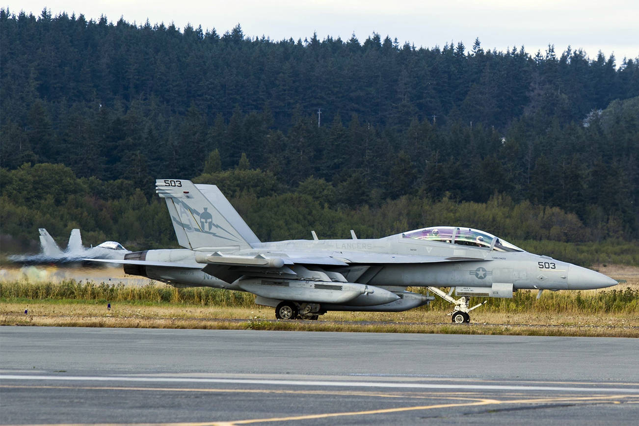 An EA-18G Growler taxis down the airstrip on Naval Air Station Whidbey Island during the squadron’s welcome home ceremony in August 2017. (U.S. Navy photo by Mass Communication Specialist 2nd Class Scott Wood/Contributed photo)