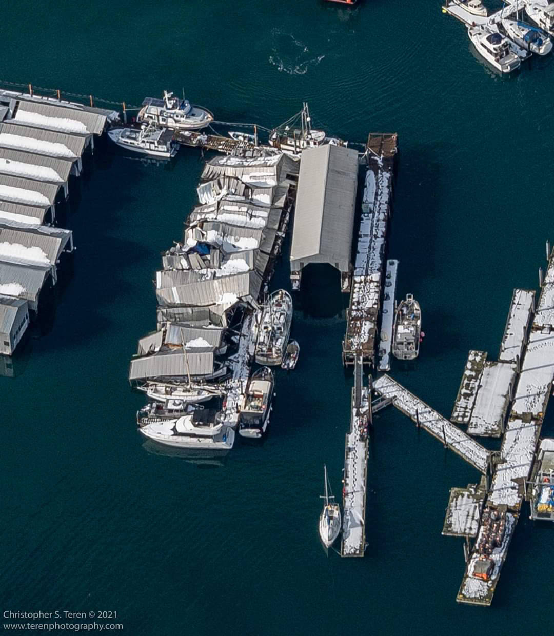 Aerial photo of the Jensen Marina boathouse collapse taken Feb. 15 by Chris Teren, <a href="https://www.terenphotography.com/" target="_blank">www.terenphotography.com/</a>.