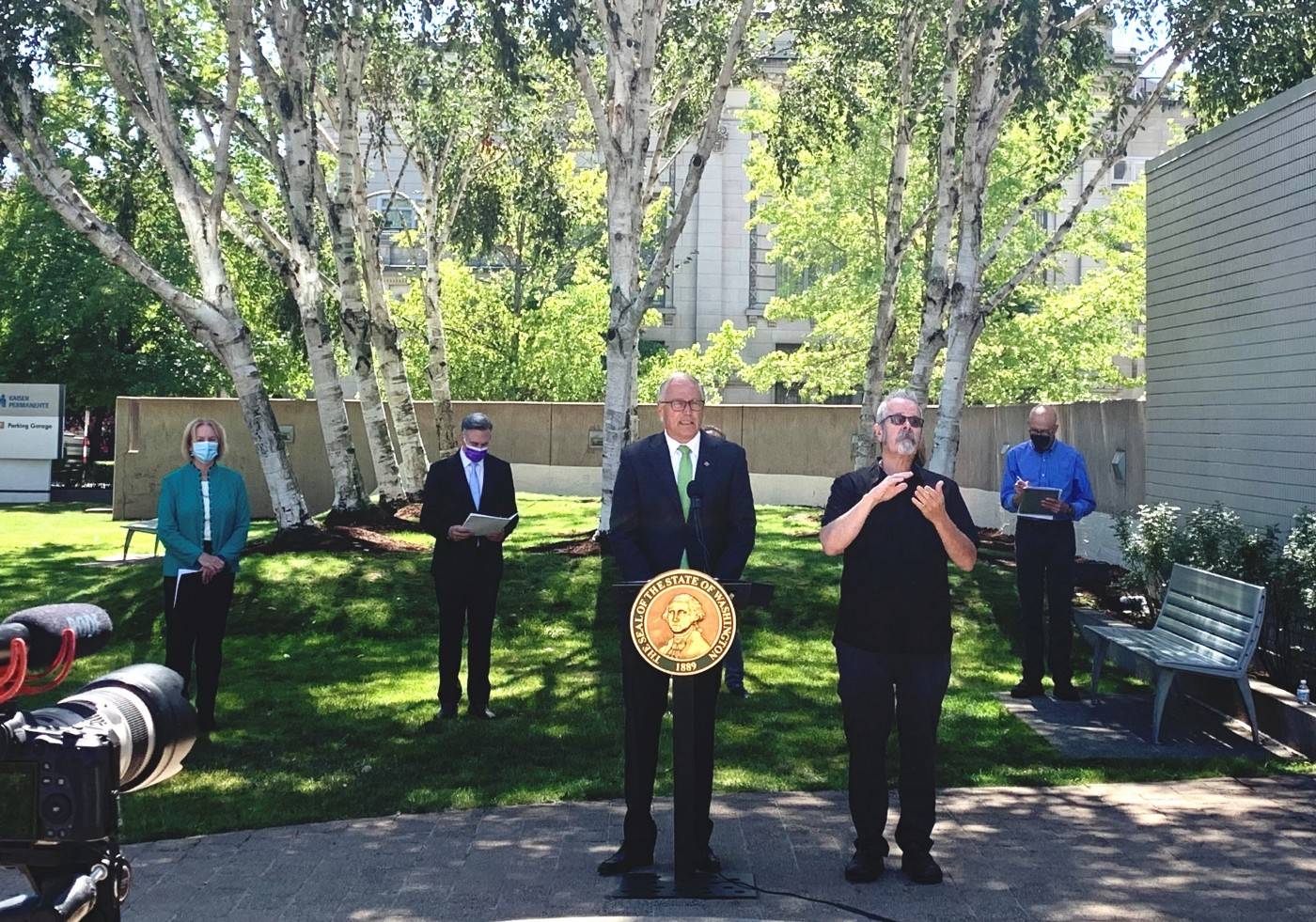 Gov. Jay Inslee at a press conference in Seattle Monday announcing a new vaccine requirement. (Office of the Governor photo)