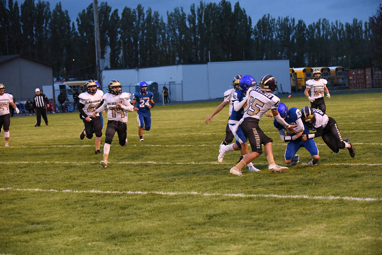 Wolverine Dylan Roberson #7 and Max Field #65 tackle the Braves running back. (John Stimpson photo)