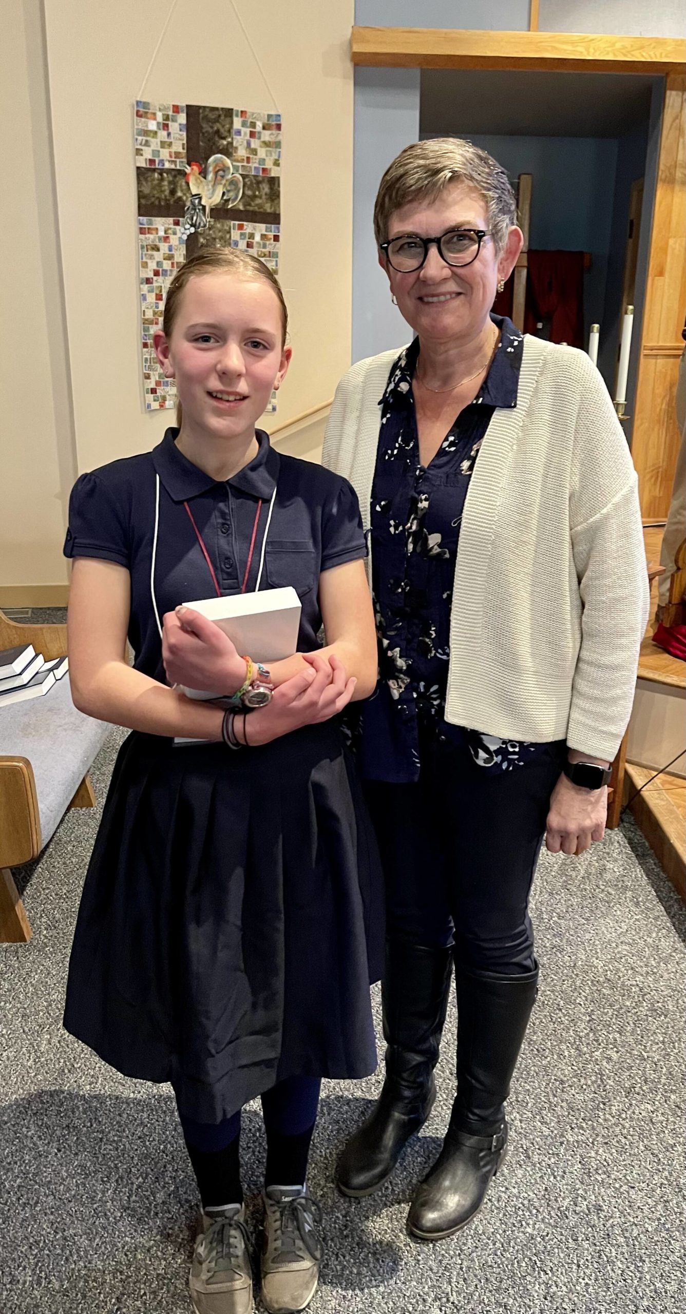 Rotary Club of San Juan Islands/Contributed photo
First place: Hazel Johnson with her 6th grade teacher, Mrs. Mapstead, Principal at Paideia School.