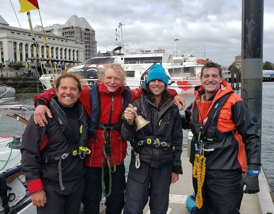 The Team Elsewhere crew pose for the camera after successfully completing the first leg of the race, known as "The Proving Ground," in Victoria B.C. From left, First Mate Martin Gibson, Odin Smith (the youngest person to complete the R2AK), Captain Rhys Balmer, and Josiah Ball.