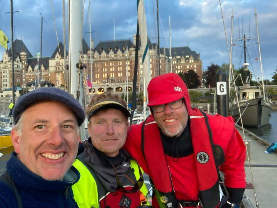 Team Pocket Rockanaut crew in Victoria B.C. after completing the first leg of the 2022 R2AK Race To Alaska. From left, Doug McCutchen of Friday Harbor, Karl Unterschuetz of Missoula, Montana, and Tim Hutchinson of Seattle.