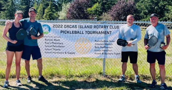 Contributed photo
Lia and Gib Black of San Juan Island, gold winners of the mixed doubles (A division) with silver winners Maggie Kulyk and Kevin Lee of Orcas Island.