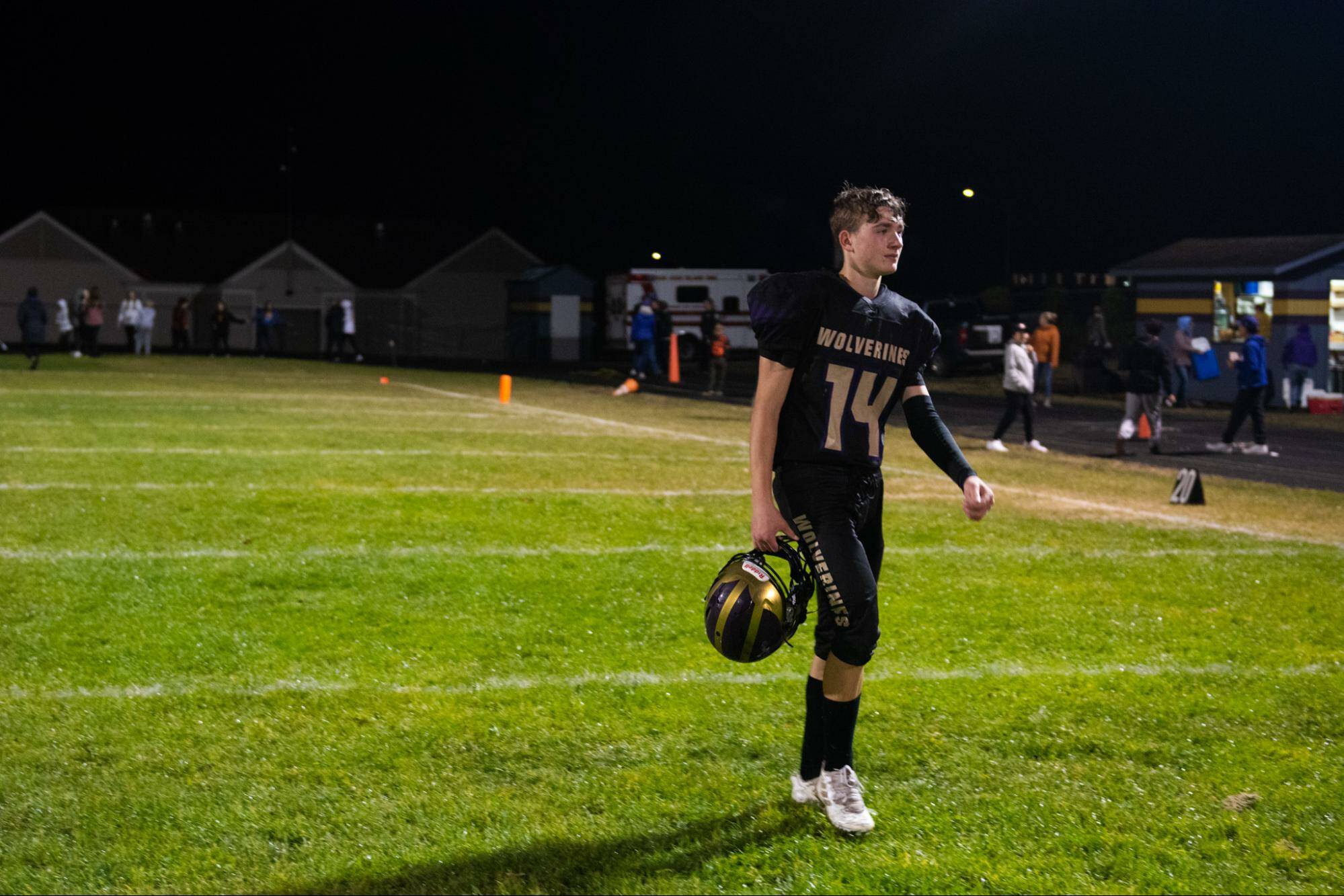 Contributed photo by Kathryn Wheeler
Freshman wide receiver and defensive back Landon Weidmaier exits the field after the upset