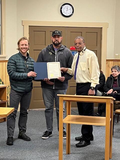 Contributed photo by the Town of Friday Harbor
Left to right: Head coach Brett Paul, Brock Hauck and Mayor Ray Jackson.