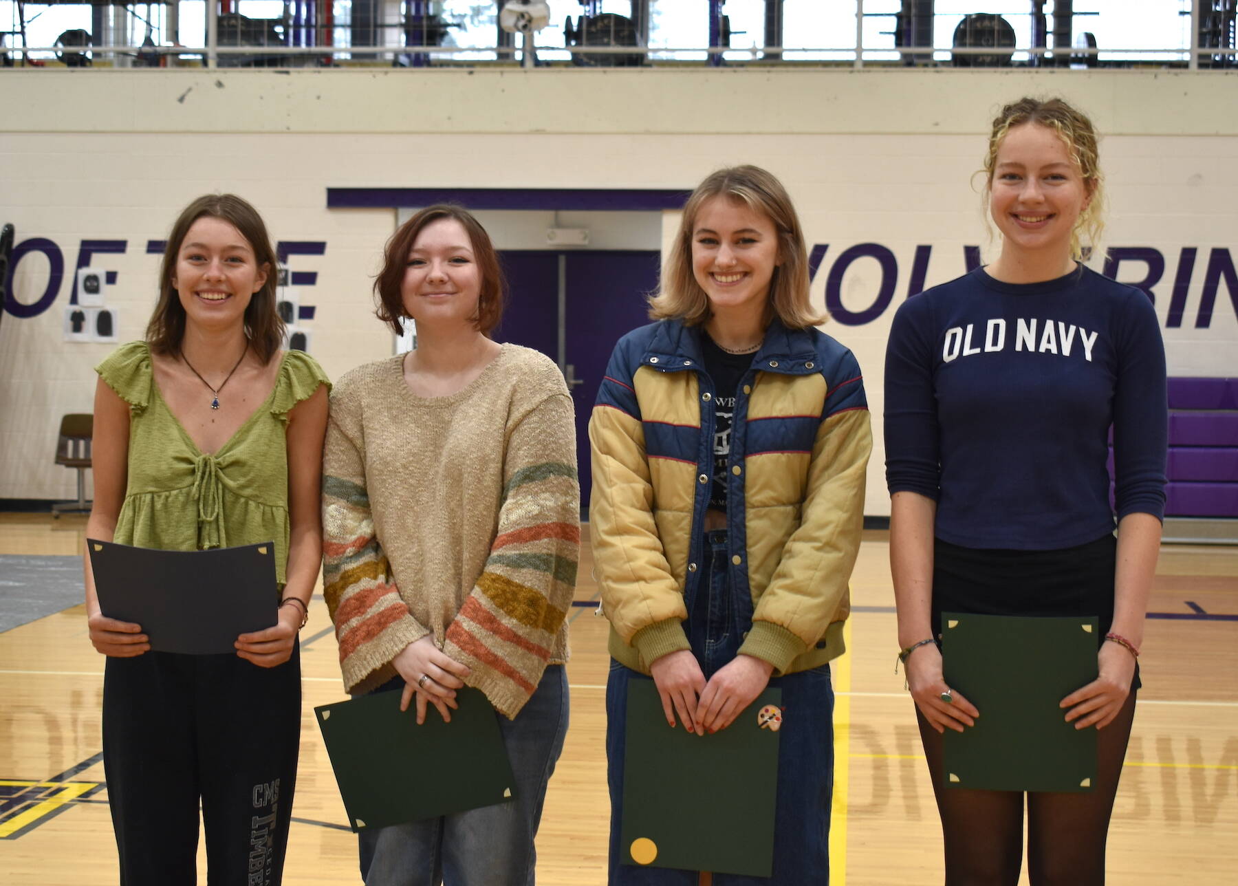 Staff photo by Kelley Balcomb-Bartok
Friday Harbor High School Fine Arts Awards of Excellence were presented to Fela Andrews, Larissa Mauldin, Lily Rock, Islay Ross, and Sophia Swanson during the FHHS Celebration of Academics event held March 10 in the Turnball Gym.