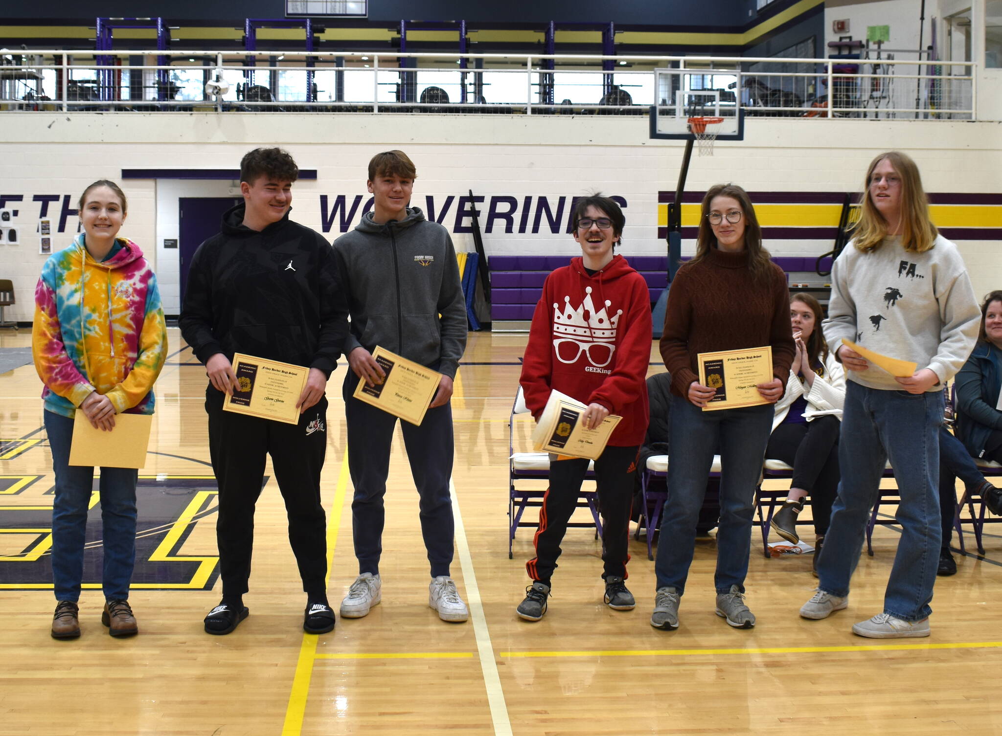Staff photo by Kelley Balcomb-Bartok
Friday Harbor High School Principal's Honors Awards were presented to Class of 2025 students Kira Clark, Malachi Cullen, Riley Donoho, Gavin Garcia, Pierce Kleine, Jesus Melendez, Megan Mellinger, and Sullivan Wilkinson during the FHHS Celebration of Academics event held March 10 in the Turnball Gym. This award recognizes students who earned a 4.0 GPA during the Spring 2022 and/or Fall 2022-2023 semesters.