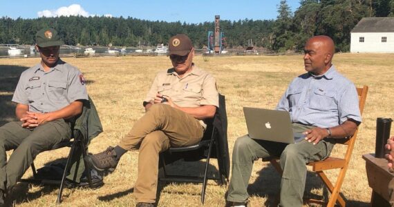 Contributed photo
Wayne Hare, right, during a conversation with National Park staff on San Juan Island.