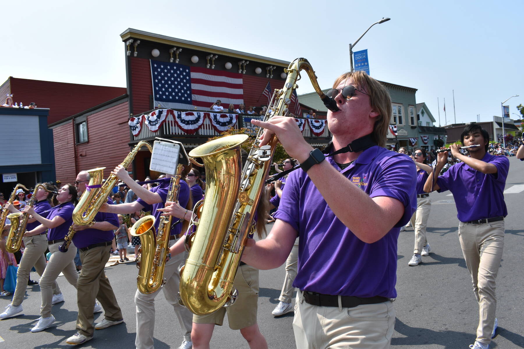 Kelley Balcomb-Bartok staff photo Members of the University of Washington Husky Marching Band brought enthusiasm and rousing music to the 2023 Friday Harbor Fourth of July parade.