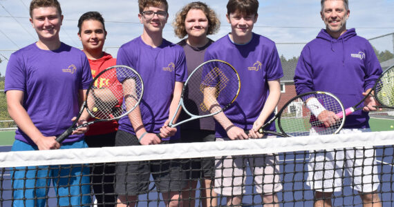 Kelley Balcomb-Bartok/Staff photo 
The 2023 FHHS Boys’ Tennis Team, left to right: Finn Graham, Aldo Valencia, Miles Posenjak, Phoenix Daily, Liam Copley, and Coach Kyle Loring. Not pictured are: Bowen VanHamersfeld, Nik Valsamaki, and Crede Janson.