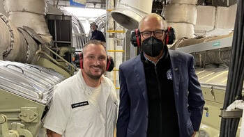 Contributed photo
Gov. Jay Inslee with Alternate Staff Chief Engineer Chad Scott in the Kaleetan engine room.