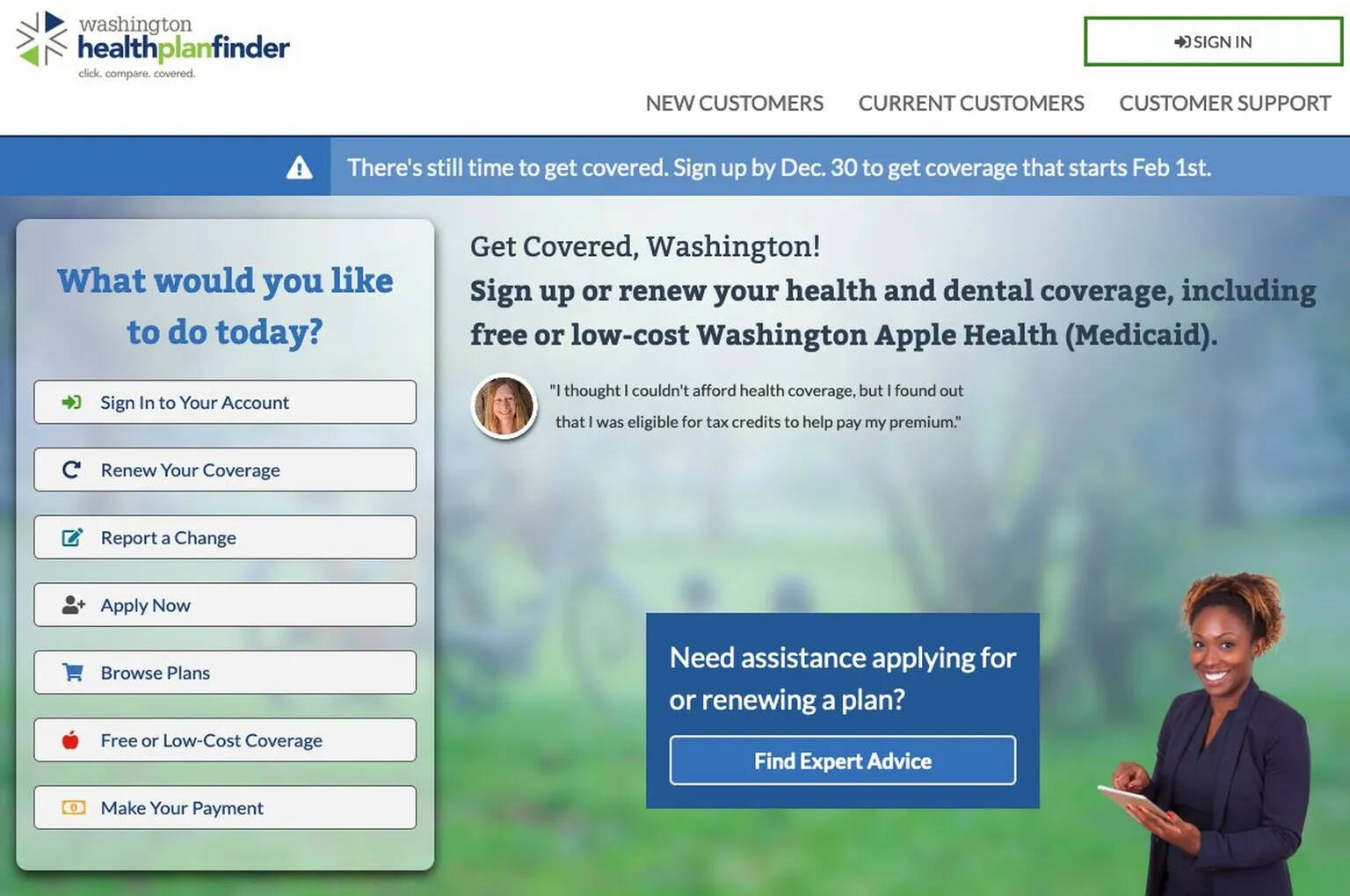The Washington Health Plan Finder site at wahealthplanfinder.org. (Courtesy of HealthCare.gov)