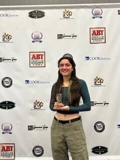Contributed photo
Lucy Marinkovich with her consolation-round runner up trophy at the New York Metropolitan Open Backgammon Tournament in New Jersey.