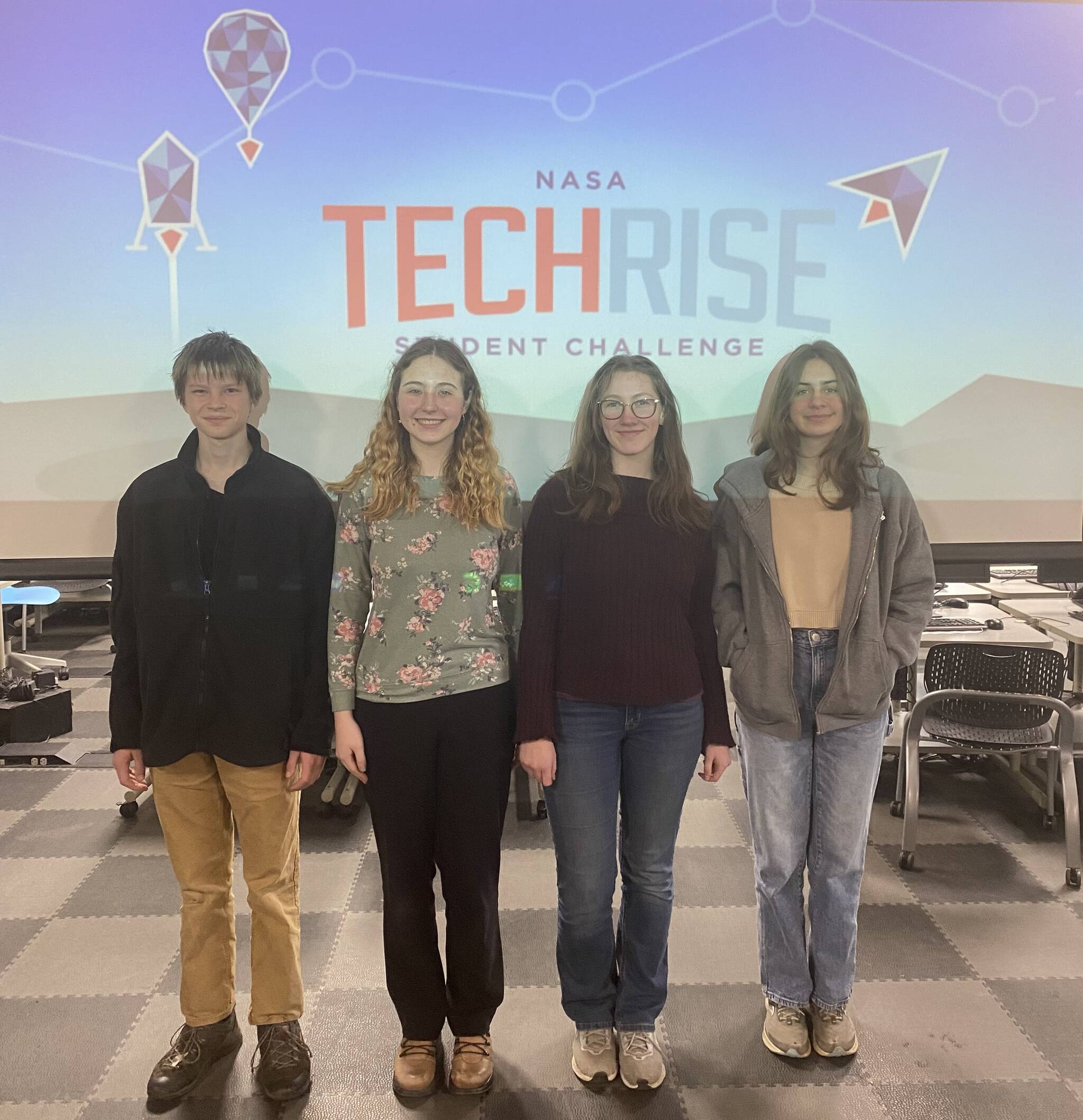 Staff photo/Isabel Ashley
FHHS students to have their radiation shielding experiment launched by NASA as winners of Techrise Challenge. Students from left to right: Grayson Matthews, Kira Clark, Megan Mellinger, and Flora Vaught.