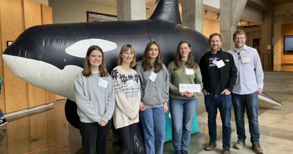 Contributed photo
FHHS Orca Bowl team members in the UW Fisheries Science building from left to right: Ava Martin (Team Captain), River Eisenhardt, Flora Vaught, Megan Mellinger, Tim Dwyer (Coach), Alex McIntire (Coach). Not pictured: Sheya Welty.