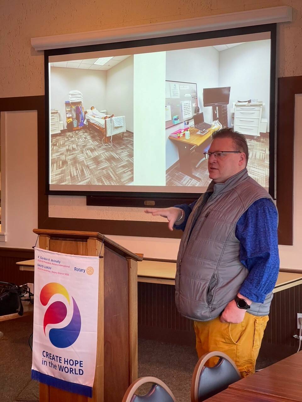 Contributed photo
Evan Perrollaz shares exciting news with the Rotary Club.