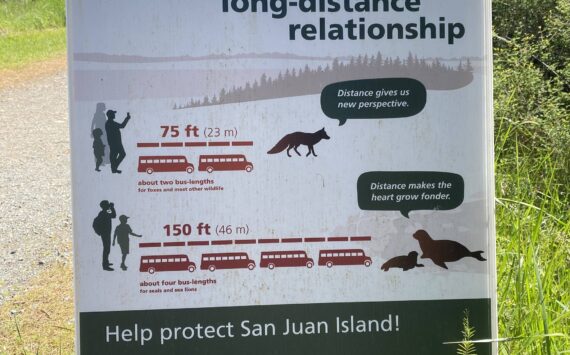 Staff photo / Isabel Ashley
Example of signage educating the public on appropriate distances between humans and wildlife, located on San Juan Island National Historical Park.