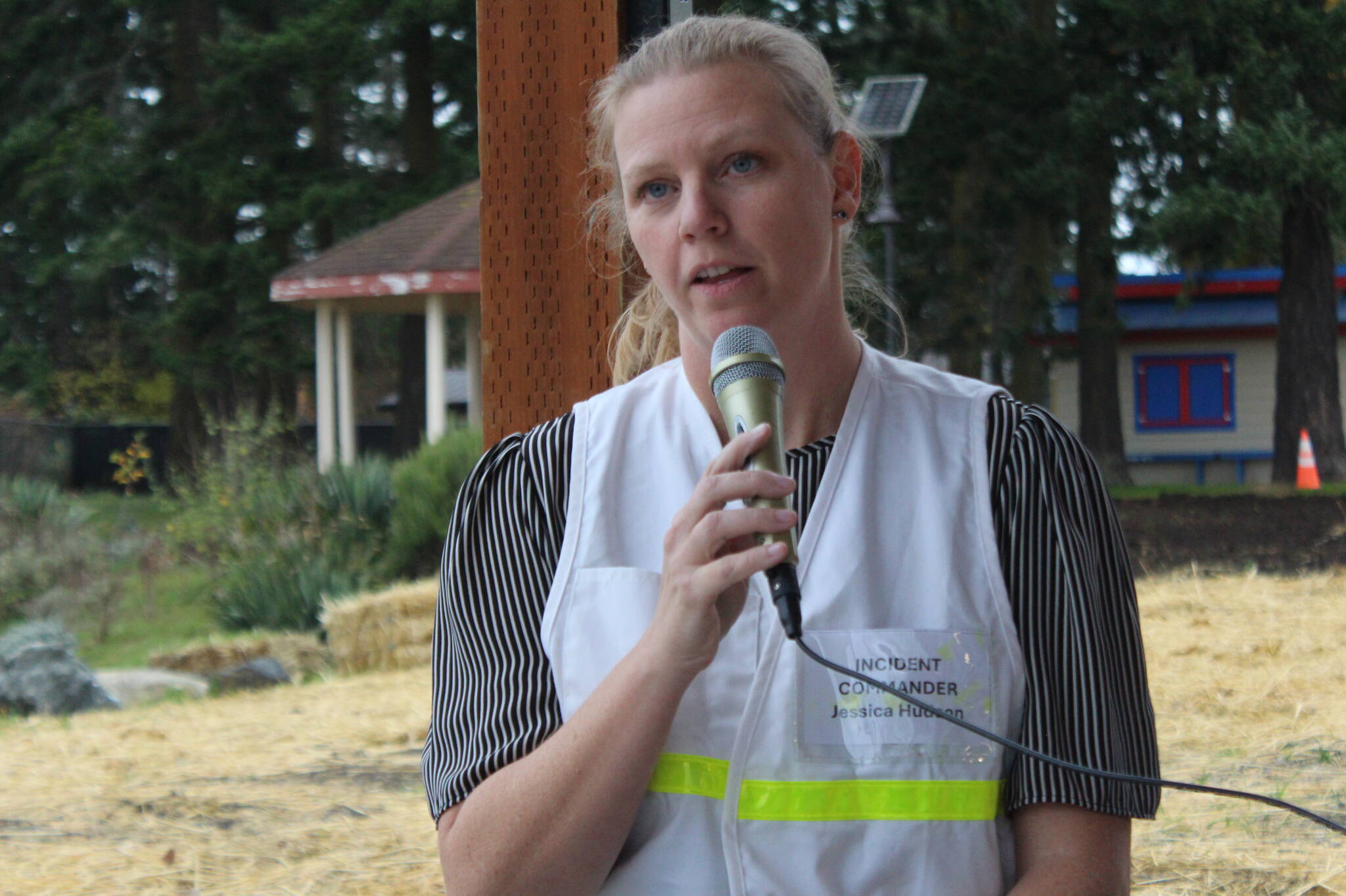 Heather Spaulding /staff photo.
Jessica Hudson as incident commander, speaking to the journalists.