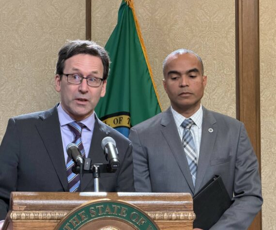 <p>Cassie Diamond photo.</p>
                                <p>Gov. Bob Ferguson answers a question during a joint press conference with Attorney General Nick Brown on Jan. 26.</p>
