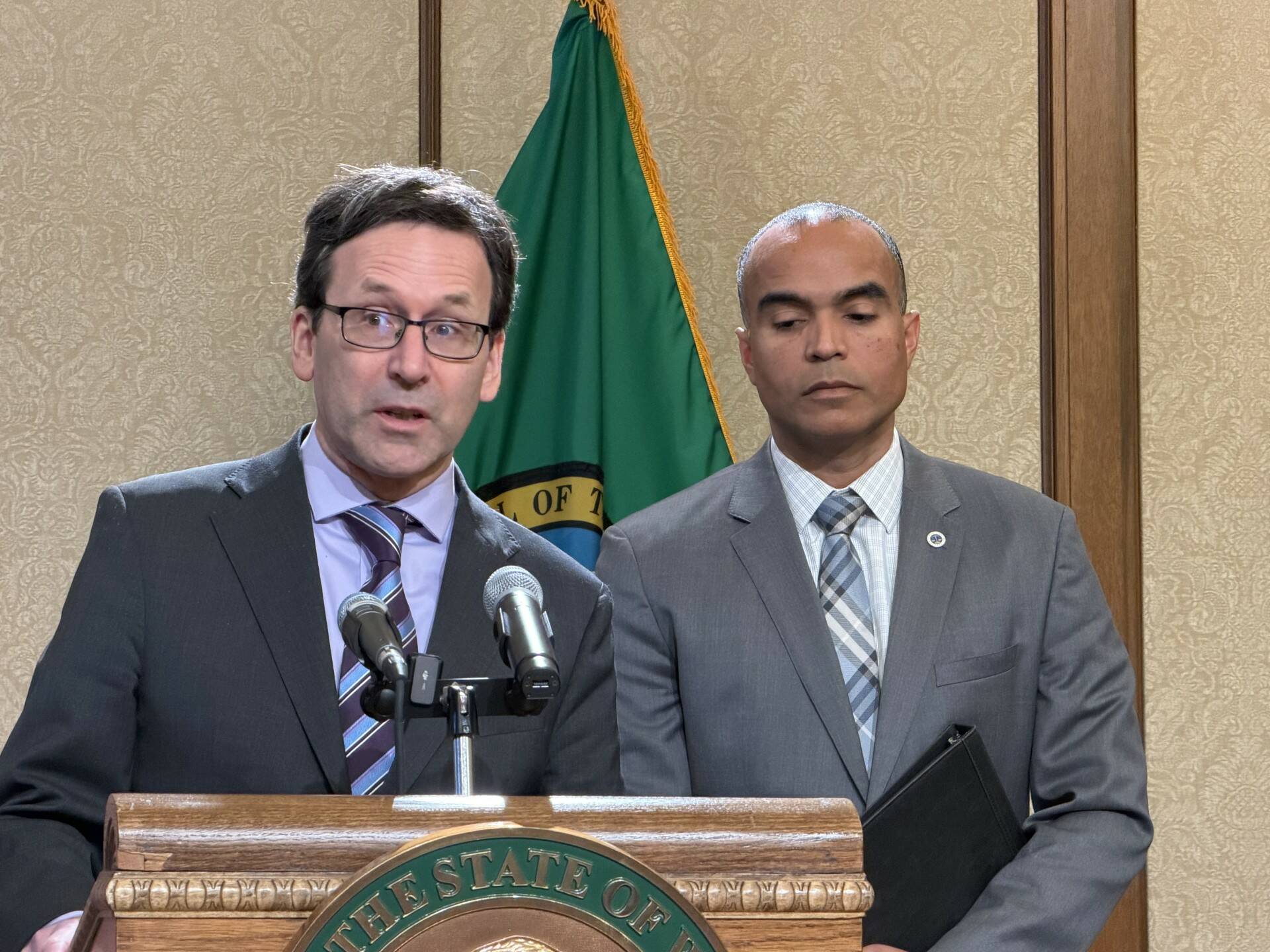Cassie Diamond photo.
Gov. Bob Ferguson answers a question during a joint press conference with Attorney General Nick Brown on Jan. 26.