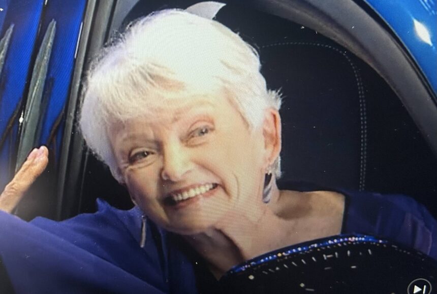 <p>Above: Friday Harbor resident Mary Ellen Judge in her new car on Wheel of Fortune.</p>