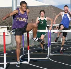 Friday Harbor freshman Willie Blackmon leads the field in the 300m hurdles in a league match up earlier this season