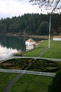 A birds-eye view of the formal gardens at English Camp.